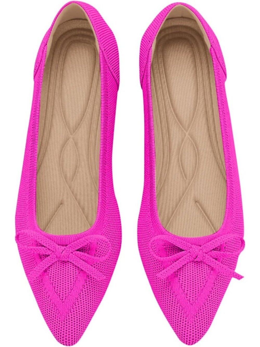 Women's Pink Rubber Knit Pointed Toe Ballet Flats Bow Slip On Comfortable Shoes - Picture 1 of 6